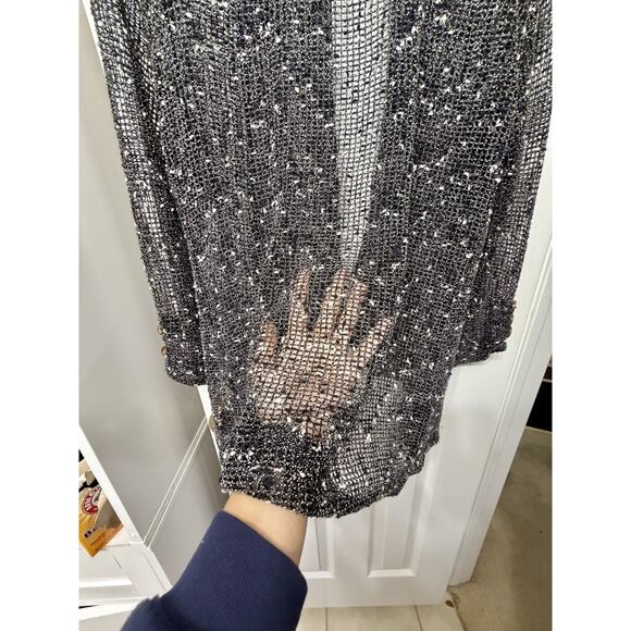 Lula B Top Woman’s Black & White Long Sleeve Open Front Sheer Knit Cardigan - XL - Picture 5 of 7